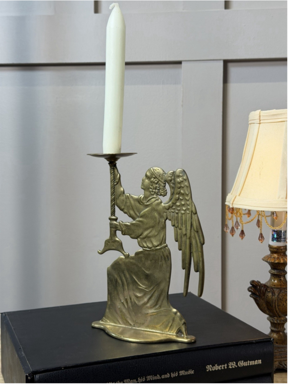 Vintage Etched Brass Kneeling Angel Taper Candlestick Holder Christmas 8”